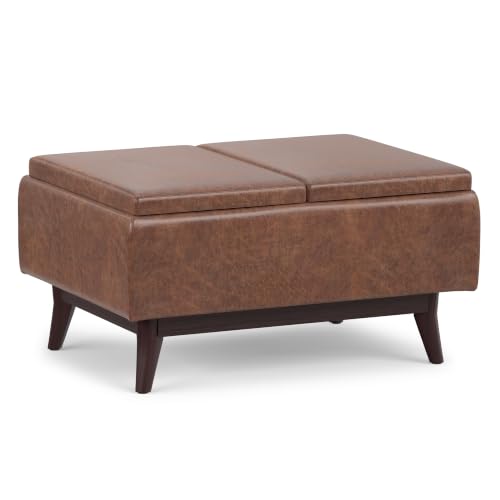SIMPLIHOME Owen 34" Wide Vegan Leather Tray Top Ottoman in Saddle Brown - color: Distressed Saddle Brown