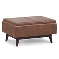 SIMPLIHOME Owen 34" Wide Vegan Leather Tray Top Ottoman in Saddle Brown - color: Distressed Saddle Brown