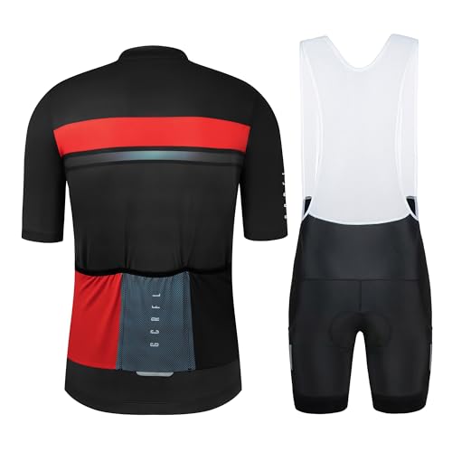 Men's Cycling Jersey Set Cycling Kit Bicycle Jersey Rear Zipper Pocket Bike Bib Shorts with Pockets Race Fit High Density Pad - color: Black/Red Set, size: X-Large