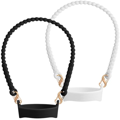 2Pack Water Bottle Handle - Soft Silicone Holder, Sling, Lanyard Fits Most 8-40oz Bottles, Compatible Stanley Cup - color: Black+White