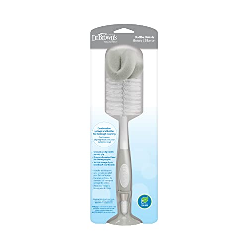 Dr. Brown's Reusable Sponge Baby Bottle Cleaning Brush with Suction Cup Stand, Scrubber and Nipple Cleaner, BPA-Free, Gray, 2-Pack - color: Gray Bottle Brush, size: 2-Pack