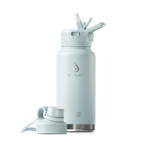 IDEUS Insulated Stainless Steel Water Bottle with 2 Leak-Proof Lids, Thermal Water Flask for Hiking Biking, 32oz, Light Blue - color: Light Blue, size: 32 Ounces