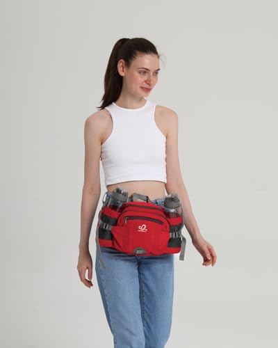 WATERFLY Fanny Pack Waist Bag: Fannie Pack 2 Water Bottle Holders Lumbar Belt Hiking Walking Running Jogging Camping Large Woman Man (Bottle Not Included) - color: Red
