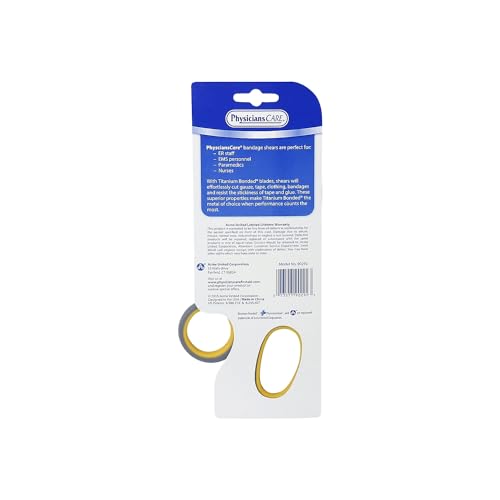 PhysiciansCare by First Aid Only 90292 Bonded Titanium First Aid Bandage Scissors, 7" Bent, Gray/Yellow
