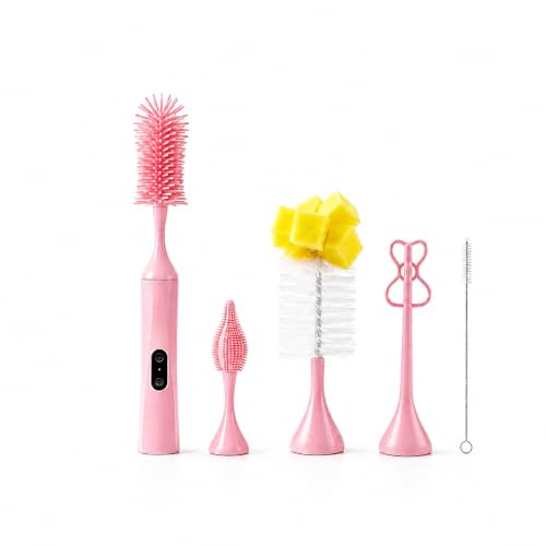 Electric Bottle Brush, Rechargeable Auto Spinning Bottle Cleaner, All-in-One Cleaning Kit with Multi Brush Heads & Stir Stick for Baby Bottles & Drinkware, Great Household Helper and Ideal Gift - color: Light Pink