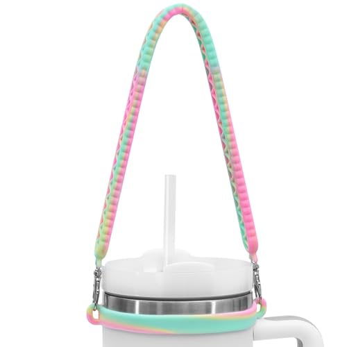 Water Bottle Handle, Silicone Water Bottle Sling, Carrier, Holder with Strap, Fits Most 8-40oz Bottles Stanley Cup Accessories - color: Pink-Yellow-Green