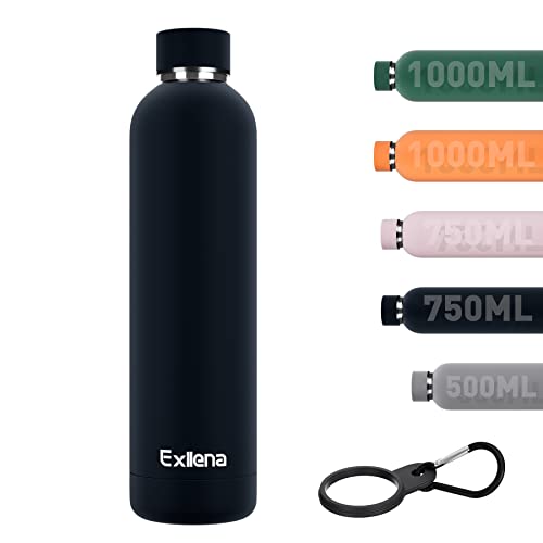 Exllena Slim Insulated Water Bottles for Travel 32oz with Clip, Double Wall Vacuum Stainless Steel Water Bottle Keeps Drinks Cold 24 Hrs/Hot 12 Hrs, 100% Leakproof, BPA Free (Black) - color: Black, size: 1 L