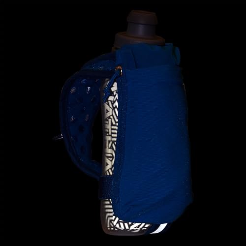 Nathan SpeedDraw 2 Insulated Handheld Running Water Bottle Flask – Double-Wall Insulation, Ergonomic Grip, Blast Valve Cap, Phone & Key Storage Pockets, Reflective Design, 12oz Insulated - Deep Blue - color: 12oz Insulated - Deep Blue