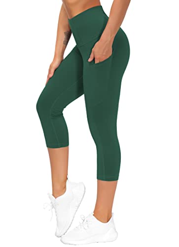 THE GYM PEOPLE Women's Thick High Waist Capris Yoga Pants Workout Leggings - color: Dark Green, size: Small