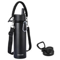KXIAOCHEN Insulated Water Bottle with Strap, 48-Hour Cold, 2 Lids - color: Black, size: 24 Ounces