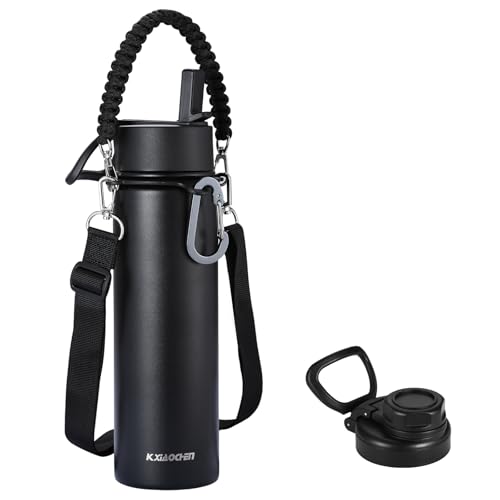 KXIAOCHEN Insulated Water Bottle with Strap, 48-Hour Cold, 2 Lids - color: Black, size: 24 Ounces