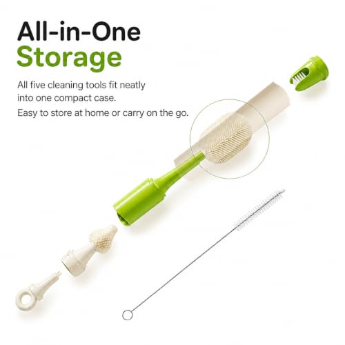 Baby Bottle Brush Set, 5 Cleaning Tools, Integrated Travel Storage, Green - color: Green & White