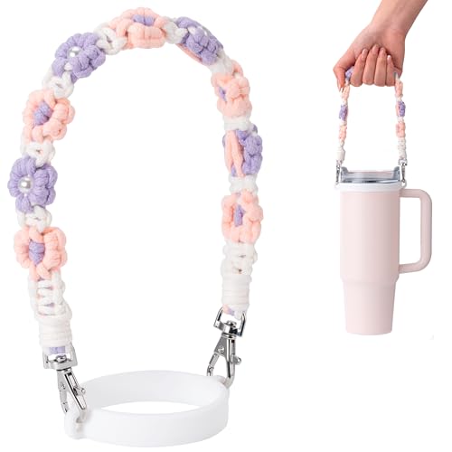 Water Bottle Handle Strap Compatible with Owala & Stanley Cups - color: Flower Purple Pink