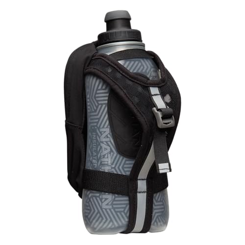 Nathan SpeedDraw 2 Insulated Handheld Running Water Bottle Flask 18oz – Double-Wall Insulation, Ergonomic Grip, Blast Valve Cap, Phone & Key Storage Pockets, Reflective Design - color: 18oz Clearview - Black