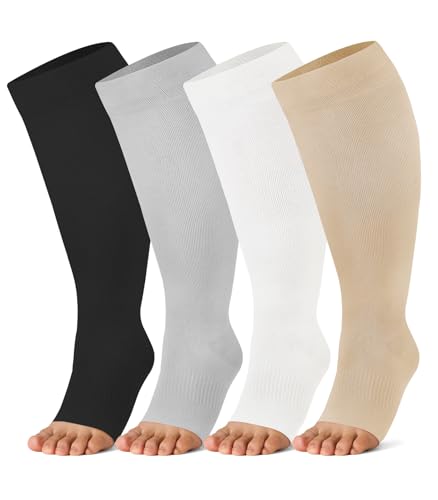 Breslatte Bamboo Viscose Wide Calf Compression Socks Open Toe for Women Men Plus Size Toeless 10-14 mmHg Circulation - color: 4p4 Blackwhitegreynude, size: 3X-Large-4X-Large Plus