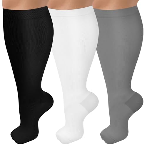 CTHH Wide Calf Compression Socks for Women Men Plus Size Knee High Stocking - color: White/Black/Dark Gray, size: Large-X-Large