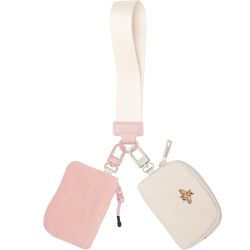 COOLANS Mini Wristlet Wallets Dual Pouch,Around Wristlet Handbag Wallet for Women Zip Cards Holder,Wristlet Bracelet Purse - color: Pink&white