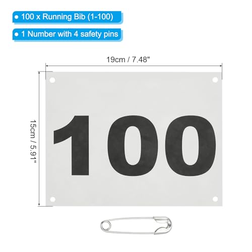 PATIKIL Tearproof Running Bib Numbers, Waterproof Race Competitor Numbers with Safety Pin - size: 7x6 Inch, style: 1-100