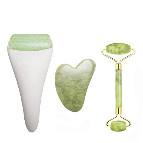 3 in 1 Ficial Face Ice Jade Roller and Gua Sha Tool, Natural Real Jade Anti-Wrinkle Face Eye Neck Massager Tool, Reduce Wrinkles, Puffiness, Migraine, Redness, Pain and Injury - color: White