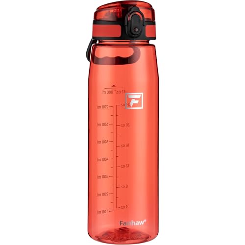 Fanhaw 32 oz Clear Plastic Water Bottle, Chug Lid, Red - color: Red