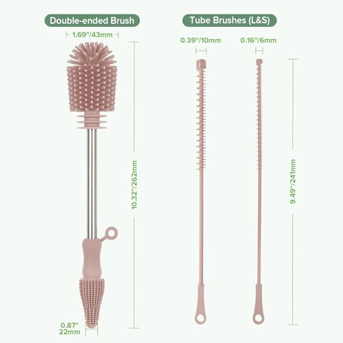 Haakaa Silicone Cleaning Brush Kit,Pink,Portable Bottle Brush Cleaner - color: Pink, size: 3 Piece Set