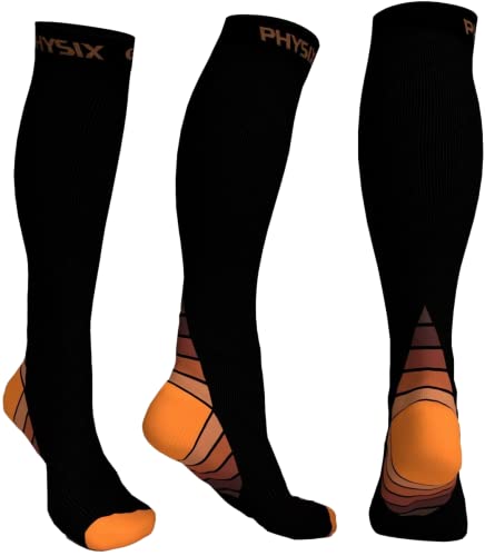 Physix Gear Compression Socks 20-30 mmHg - Men & Women - Running, Nurses, Shin Splints, Flight, Travel - color: Black/Orange, size: XX-Large