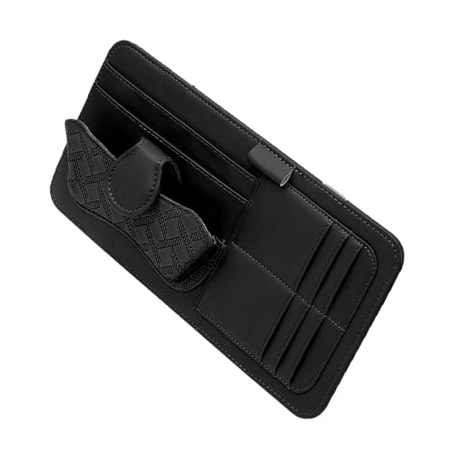 Car Sun Visor Organizer, Leather Strap-on Multi-Pocket Visor Storage Pouch for Sunglasses Card License Pen, Universal Car Interior Organizer Accessories (Black)