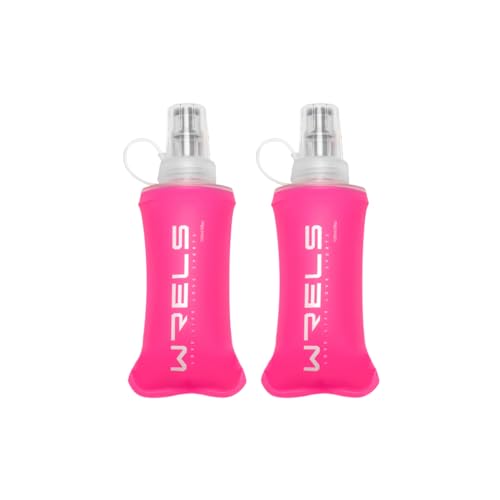 WRELS TPU Soft Flask Lightweight Portable Reusable Water Bottle,BPA Free Collapsible Flask for Hydration Pack in Running Hiking Cycling and Marathon - color: Pink-150ML*2