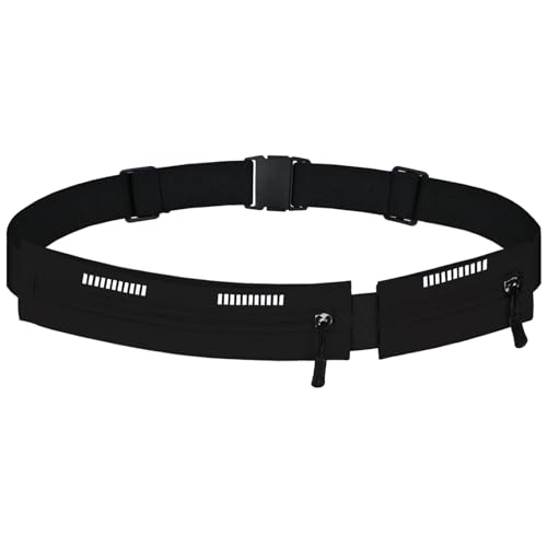 Running Belt Waist Pack, Orange, Dual Zippered Pockets, Adjustable Elastic Band with Reflective Strips (Black) - color: Black