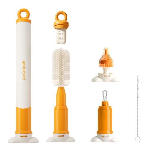 5-in-1 Bottle Cleaning Brush Set - Silicone Baby Bottle Brush Cleaner Kit with Nipple Brush, Detail Brush & Straw Brush, Portable Long Handle Bottles Scrubber Cleaning Tool （Orange）