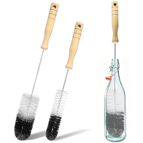 2 Pcs Bottle Brushes Set with Wooden Handle, Long Thin Flexible Cleaner - size: 14.8" standard