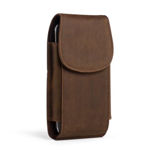Top Grain Leather Phone Holster Cell Phone Holster with Belt Clip/Loop, Phone Pouch Belt Holder Carrying Case Fits for iPhone 16 Plus 15 Plus Samsung Galaxy S26 Ultra S25 Edge (Retro Brown) - color: Retro Brown