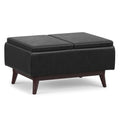SIMPLIHOME Owen 34" Wide Vegan Leather Rectangle Tray Top Ottoman in Black - color: Distressed Black