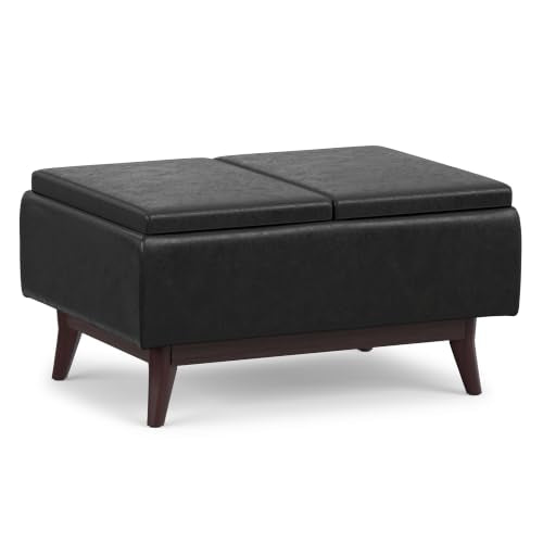 SIMPLIHOME Owen 34" Wide Vegan Leather Rectangle Tray Top Ottoman in Black - color: Distressed Black