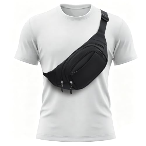 Large Fanny Pack for Men Women NSYOOMH, Crossbody Waist Bag 5-Zipper Pocket - color: Black