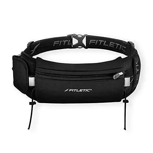 Fitletic - Ultimate II Running Pouch with Gels, Runners Pouch, Running Waist Belt with Gel Loops, Exterior Pocket, Inner Pocket, and Integrated Bib Toggles, Running Accessories - color: Black