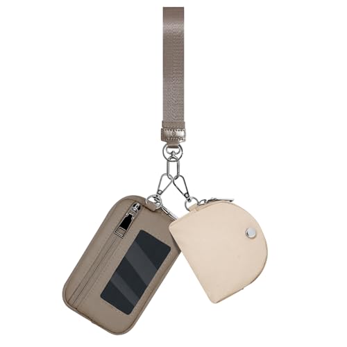Keychain Wristlet Wallet for Women Zippered Dual Pouch Wristlet Nylon Coin Purse Small Wallet with Key Ring - color: Khaki+Brown