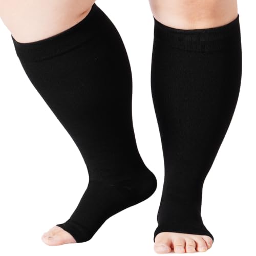 Abodhu Plus Size Compression Socks Open Toe Compression for Women& Men 15-20mmHg Wide Calf Knee High Toeless Compression Sock - color: Black, size: 5X-Large-6X-Large