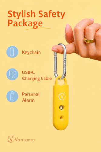 Vantamo Personal Alarm for Self Defense with Low Battery Notice, Strobe Light & Extra Loud 130 dB Double Speakers Safety Keychain Set for Women, Rechargeable Panic Button for Womens Self Defense - color: Citrine