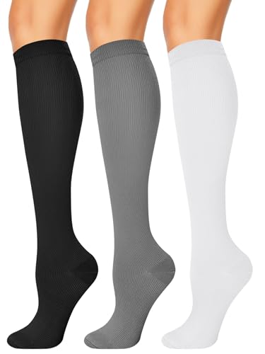 3 Pairs Compression Socks for Women & Men 15-20 mmHg, Knee High - color: 05 Black/Gray/White, size: Small-Medium
