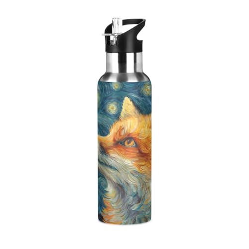 OTVEE Starry Night Fox Water Bottle Sports Water Bottle Insulated Stainless Steel Hot Cold Water Mug with Straw Lid & Handle for Sports Gym 20 oz - color: Starry Night Fox