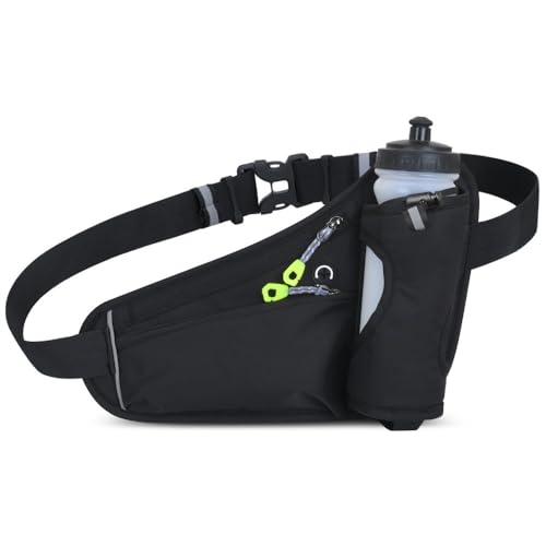 Water Bottle Waist Pack 2 Zippered Pockets – Reflective Running Belt for Hiking Cycling, Adjustable Breathable Mesh with Earphone Port(Black) - color: Black