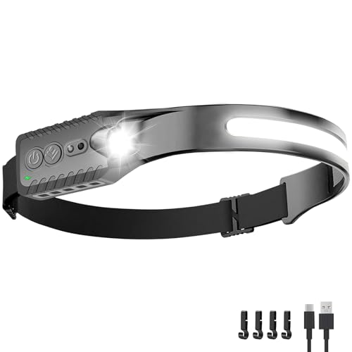Nessciera Rechargeable LED Headlamp (Gray), 400 Lumens, 230° Wide Beam, USB-C, 5 Modes — Lightweight, Adjustable Headband; Hard Hat Clips for Camping, Hiking, Running & Repairs - color: Gray