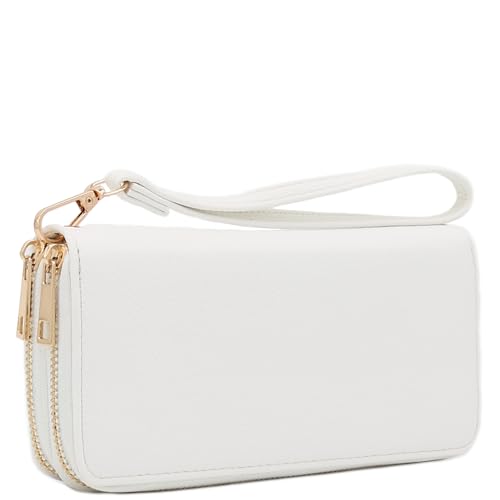 FashionPuzzle Double Zip Around PU Leather Wristlet Cell Phone Wallet - color: White