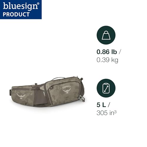 Osprey Savu Biking Waist Pack for Men & Women - Mountain Bike Fanny Pack with Bottle Pockets - Hydration Bag - color: Pediment Grey Dust Print, style: 5l - Extended Fit