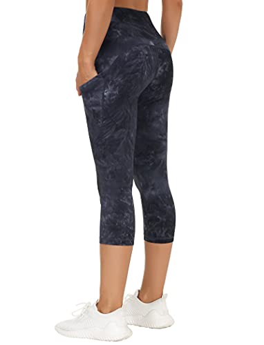 THE GYM PEOPLE Women's Thick High Waist Capris Yoga Pants Workout Leggings - color: Black/Dark Grey/White, size: Large