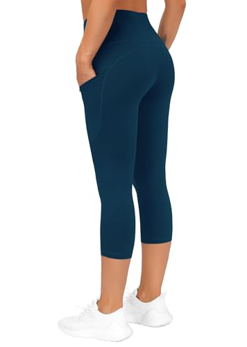 THE GYM PEOPLE Women's Thick High Waist Capris Yoga Pants Workout Leggings - color: Dark Blue Green, size: Small