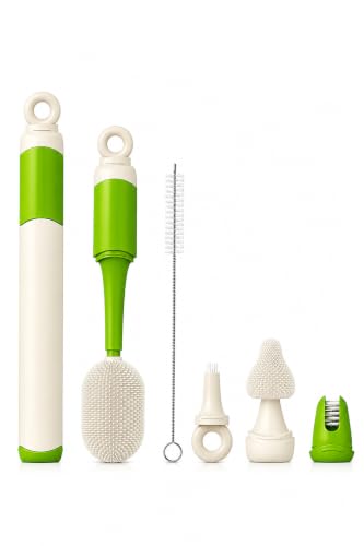 Baby Bottle Brush Set, 5 Cleaning Tools, Integrated Travel Storage, Green - color: Green & White