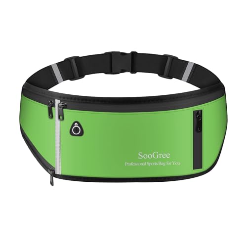 SooGree Fanny Packs for Women Men Slim Running Belt Waist Pack Runners Bag Waterproof Money Belt Phone Holder for Sports Hiking Traveling Walking Reflective Strip Adjustable Strap - color: Green, size: 1191