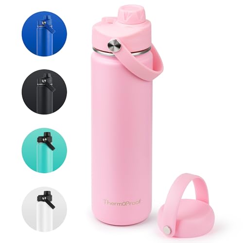 ThermoProof Double-Walled Vacuum Insulated Stainless Steel Water Bottle - Wide Mouth with Chug & Spout Lids, Dishwasher Safe, Reusable, Leakproof, Hot & Cold for Men, Women & Kids - 22oz, Pink - color: Pink, size: 22 Ounces